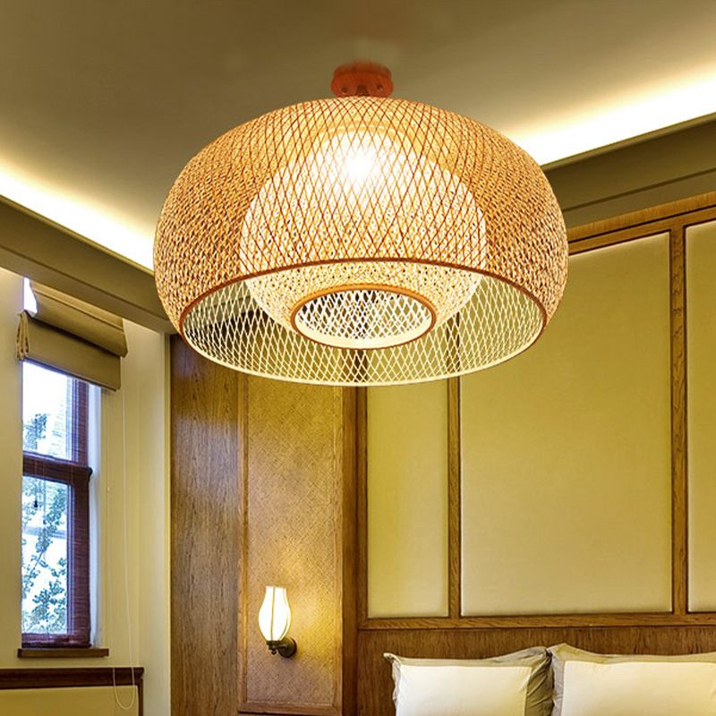 Japanese Hand Woven Semi-Flush Mount Bamboo 1 Head Close to Ceiling Lamp in Wood
