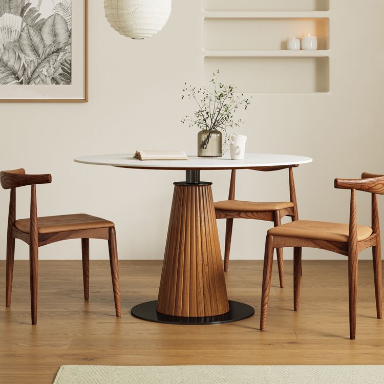 Modern Round Dining Room Table with Solid Wood Cone Base for Living Room