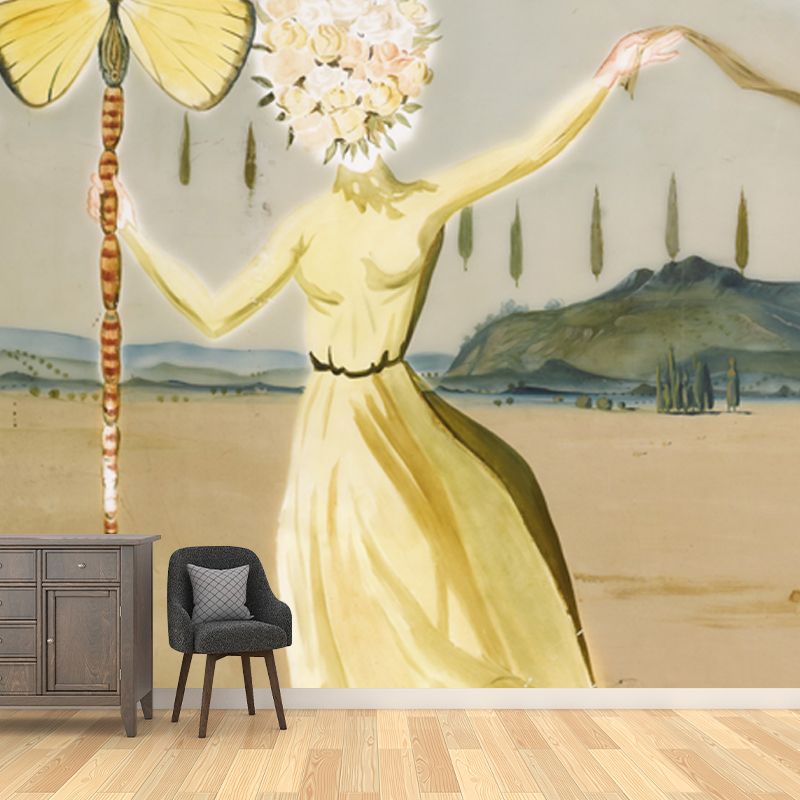 Illustration Gala Dress Mural Wallpaper for Accent Wall, Yellow, Personalized Size