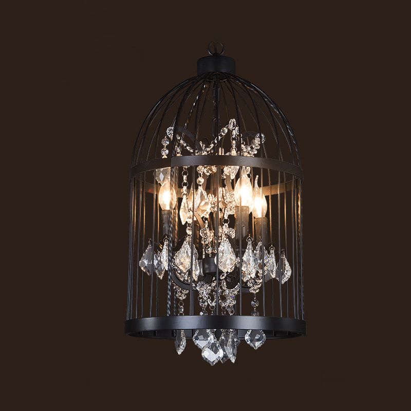Farm Style Birdcage Chandelier Lamp Metal Pendant Light with Clear Crystal Drapes