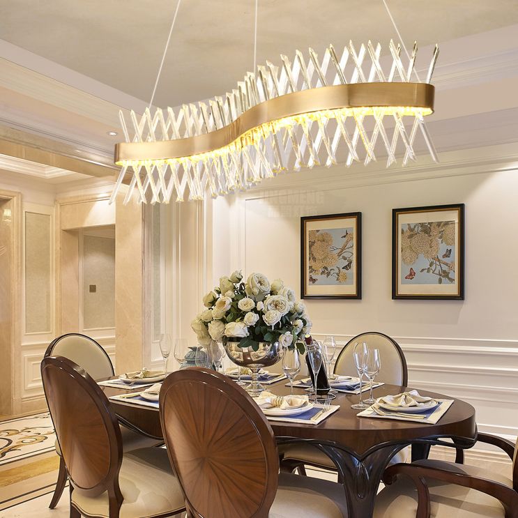 Simple Geometric Chandelier K9 Strip Crystal Dining Room LED Suspension Lighting in Rose Gold