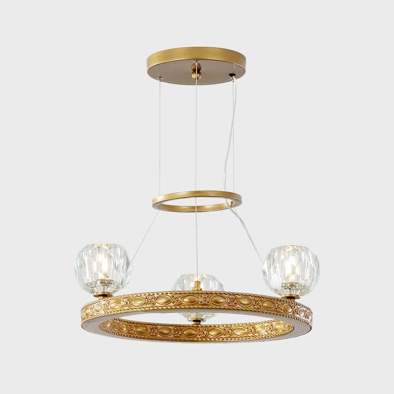 Funzioni di illuminazione sospesa Globe Parlour moderni prismi in oro a 3 teste con design ad anello