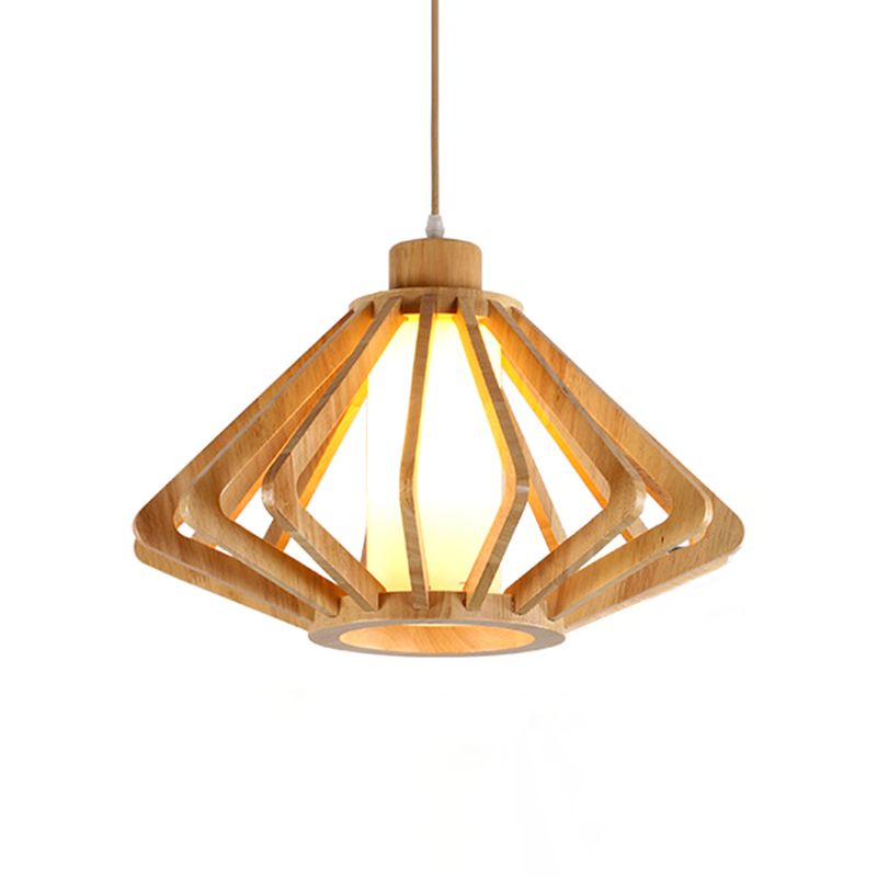 13"/17" Wide Wood Diamond Hanging Light Fixture Modern 1 Bulb Drop Light with Cylinder Glass Shade in Natural Wood