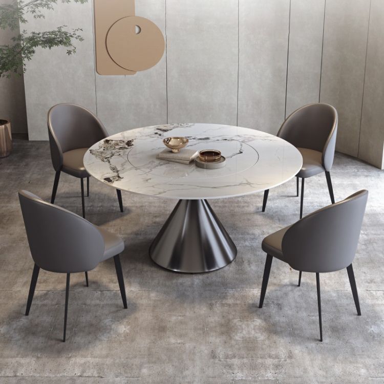 Modern Grey Steel Dinette Set 1/4/5/7 Pieces Round Sintered Stone Top Dining Table Set