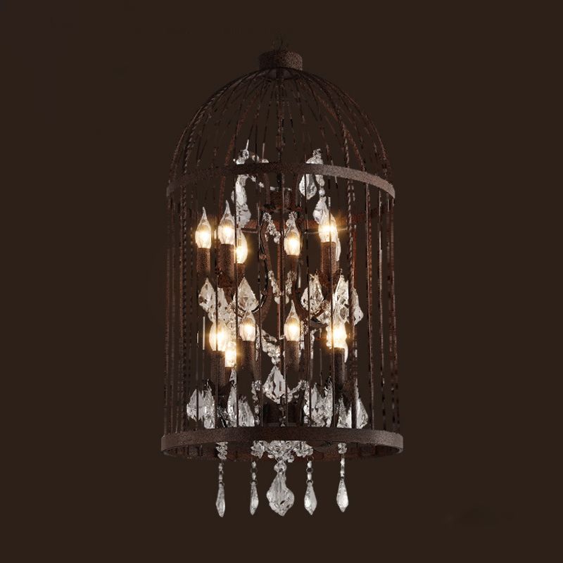 Farm Style Birdcage Chandelier Lamp Metal Pendant Light with Clear Crystal Drapes