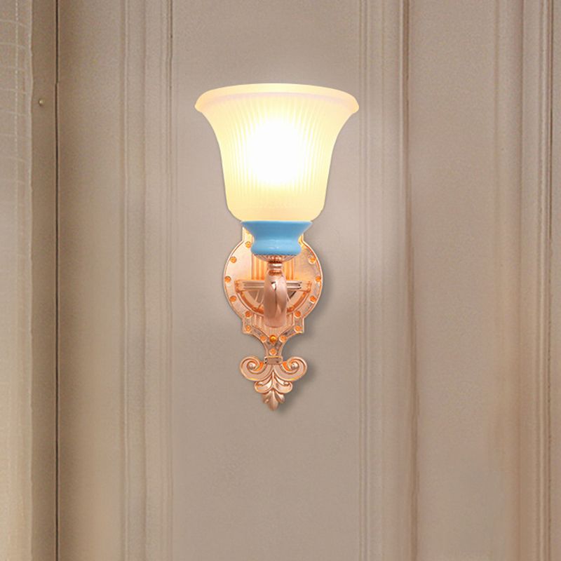Vintage Swirled Arm Wall Light 1/2-Bulb Metal Wall Mounted Lighting in Gold with Bell Frosted Ribbed Glass Shade