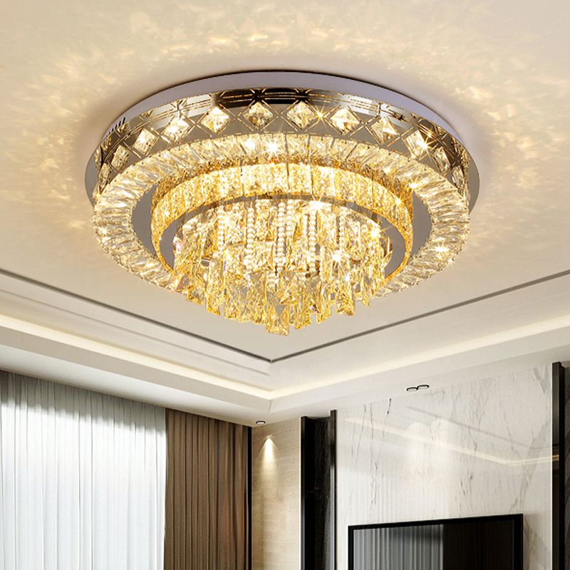Faceted Cut Crystal Tiers Ceiling Flush Modernist Living Room LED Flush Mount Light in Chrome