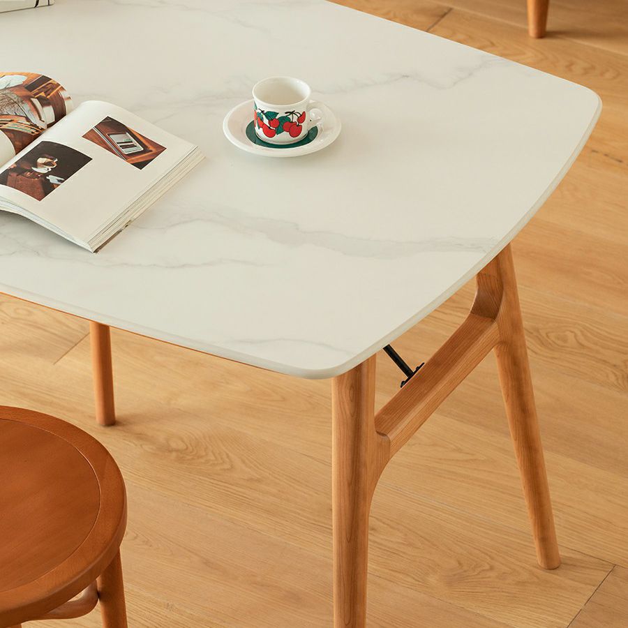 Modern Rectangular White Stone Top Dining Table with 4 Solid Wood Legs
