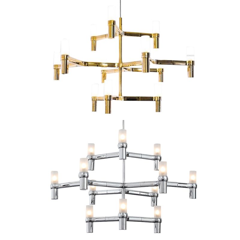 Black/White Crown Hanging Chandelier Light Modern 12 Lights Metallic Hanging Lamp with Frosted Glass Cylinder Shade