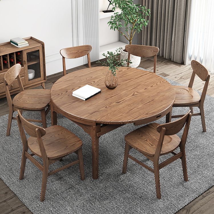 Extendable Ash Wood Dining Table for Restaurant Modern Brown Round Table with 4 Legs