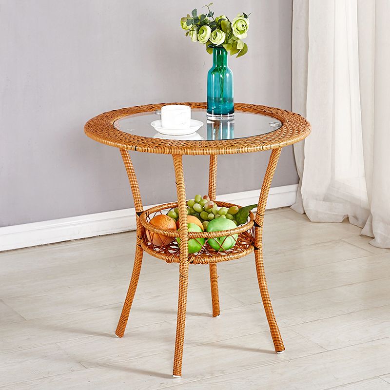 Tropical Glass Top 4 Legs Cocktail Table with Shelf Round Coffee Table
