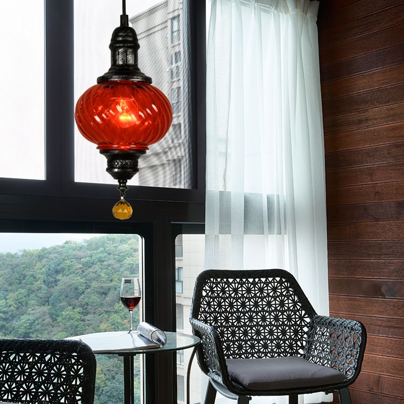 1 Light Pendant Lighting Moroccan Oval Red/Blue/Green Textured Glass Hanging Ceiling Light for Restaurant