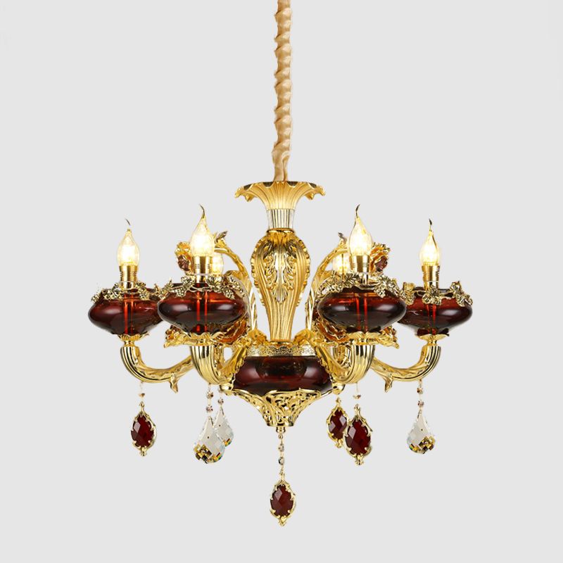 Red Glass Candelabra Chandelier Vintage 6-Head Suspended Lighting Fixture over Dining Table