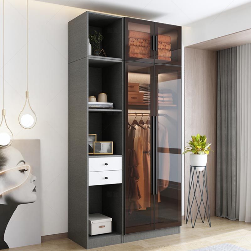 Modern Grey Wardrobe for Home Mirrored Finish Cabinet with Glass Door