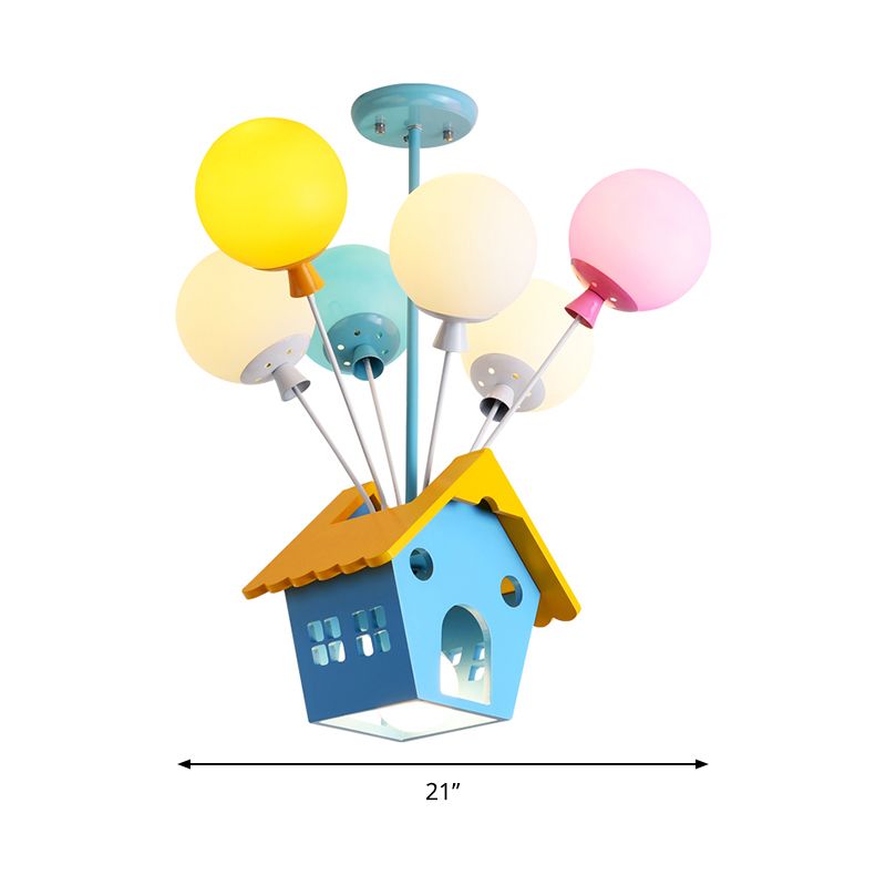 Wood House Pendant Light with Colorful Balloon 7 Heads Cartoon Chandelier in Blue for Child Room