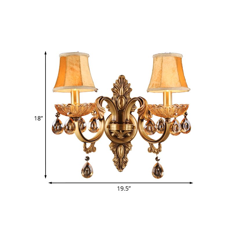 Crystal Raindrop Fabric Shade Sconce Countryside Bedroom Wall Éclairage mural en laiton