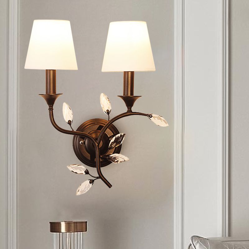 Leave Beveled Crystal Wall Mount Lamp Minimalism 2 Bulbs Black/Gold Wall Lighting Ideas with Conic Fabric Shade