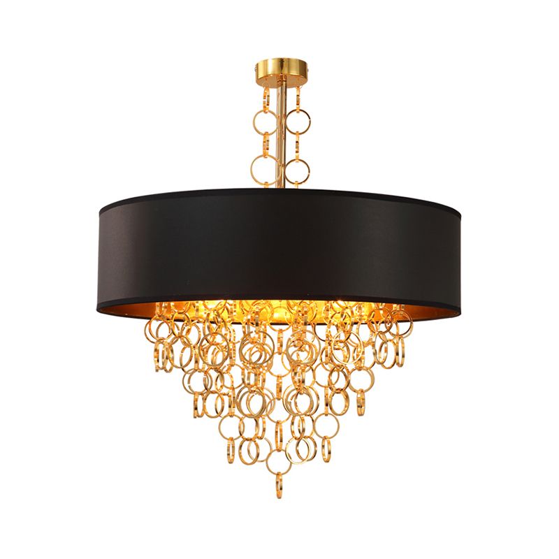 Lampaggio in tessuto cilindro illuminazione vintage 3 luci soggiorno illuminazione a sospensione in nero con anello dorato, largo 18 "/23,5"