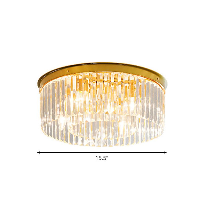 Crystal Drum Flush Mount Lamp Simplicity 3/4/5 Bulbs Bedroom Ceiling Light in Gold, 12.5"/16.5"/23.5" Wide
