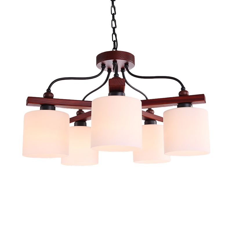 Retro cilindrische hangende kroonluchter 5 lichten crème glazen druppel hanger in bruin met houten arm