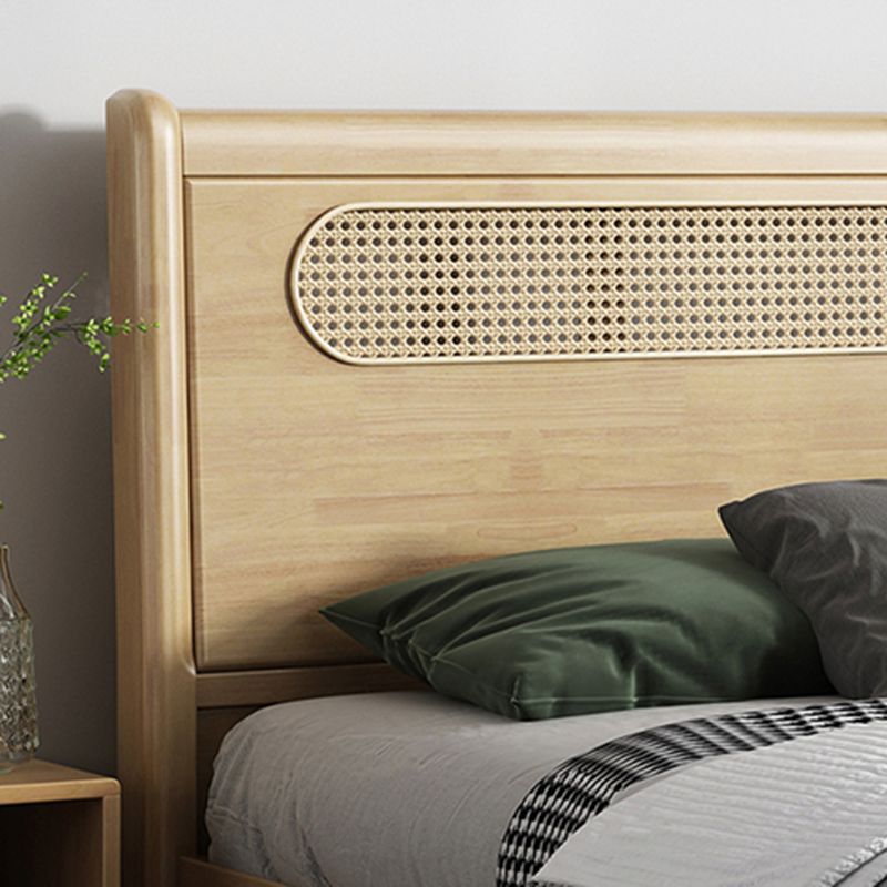 Rectangular Natural Standard Bed Solid Wood and Rattan Panel Bed Rubberwood