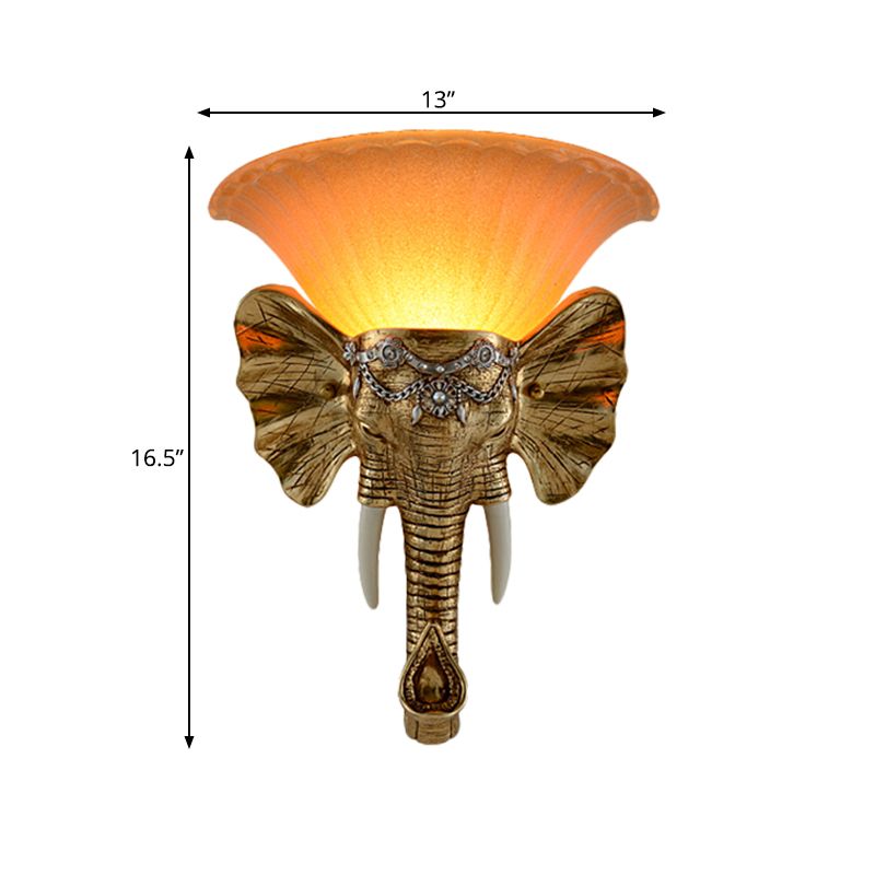 1-Light Flared Wall Mount Lamp Modern Amber Sandblasted Glass Sconce Lighting with Gold Resin Elephant