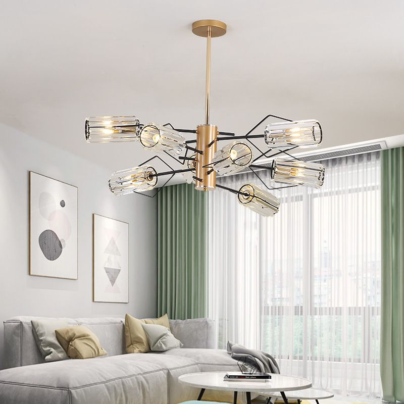 Cylindre Crystal Block Chandelier Light Retro 3/6/8 Bulbes Salon Pendant la lampe en or