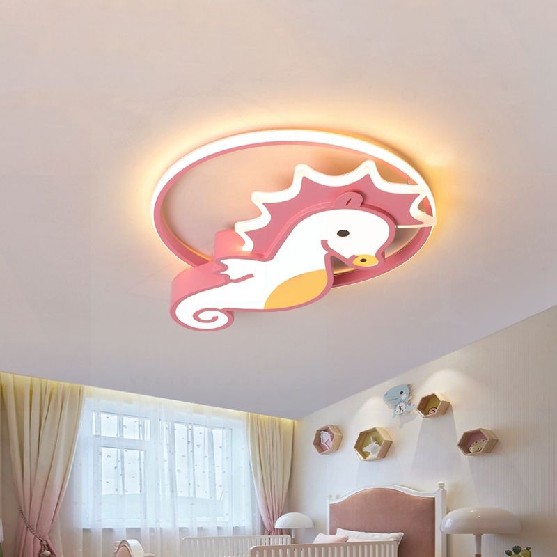 LED Nursery Flush Mount Light Cartoon Pink Ceiling Lighting with Sea Horse Metal Shade