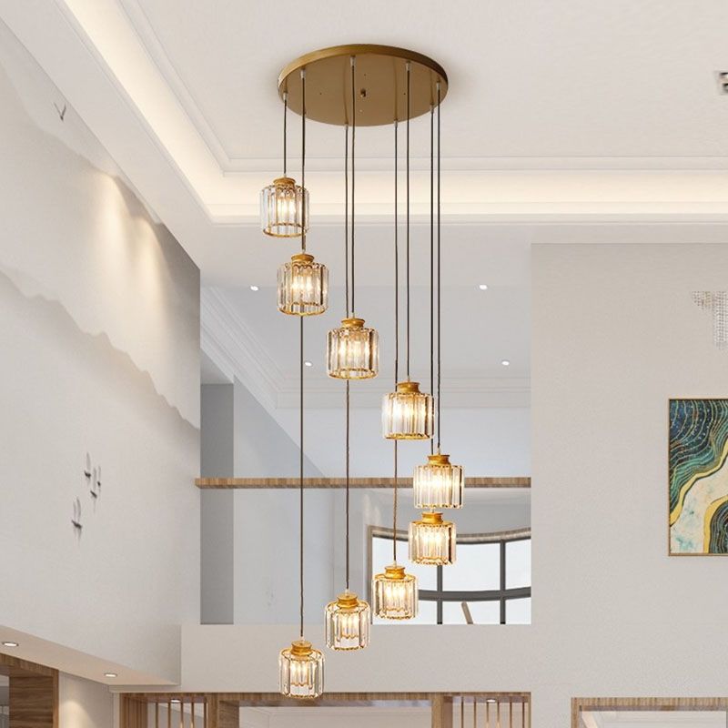 Spiral Cylinder Multi Ceiling Lamp Contemporary Prismatic Crystal Stairwell Suspension Light Fixture