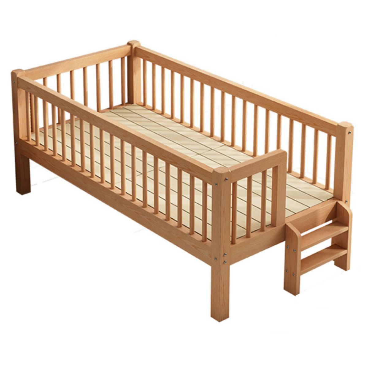 Farmhouse Beech Nursery Bed Solid Wood Baby Crib with Guardrails and Mattress