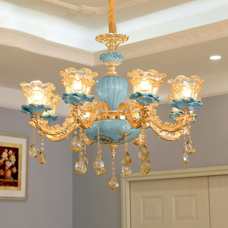 Iluminación de lámpara de araña azul clásica lámpara de colgante floral volante tirado a mano con acento de cristal