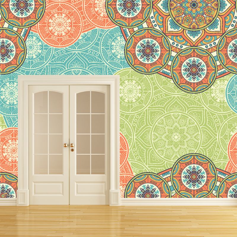 Bohemian Sunflower Wall Paper Mural Orange-Blue Abstract Wall Covering for Living Room