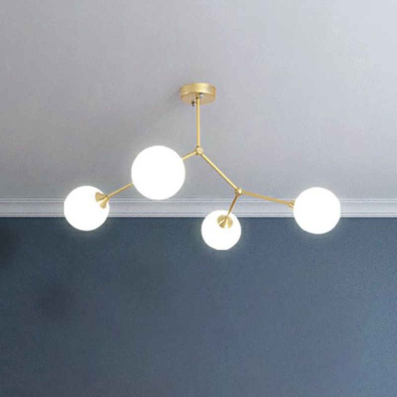 Metal Branch Flush Mount Chandelier Simplicity Semi Flush Ceiling Light with Ball Milk Glass Shade