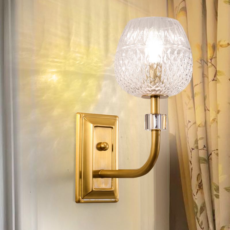 Dome Foyer Wall Light Fixture Clear Lattice Glass 1/2-Head Contemporary Wall Sconce in Gold Finish