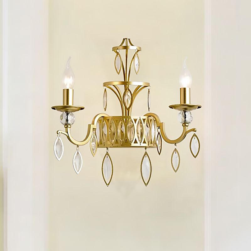 Candelabra Metal Wall Mounted Light Rustic 2 Lights Brass Sconce Light with Teardrop Crystal Drop