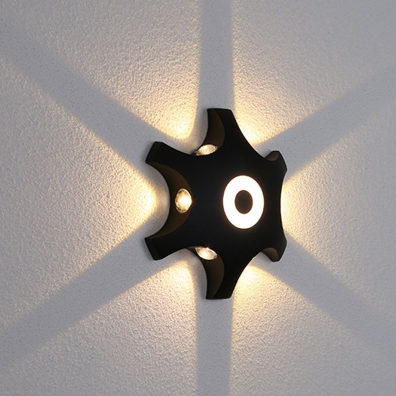 Snowflake Outdoor LED Wall Light Plastic 6-Bulb Modern Flush Mount Wall Sconce in Black, Warm/White Light
