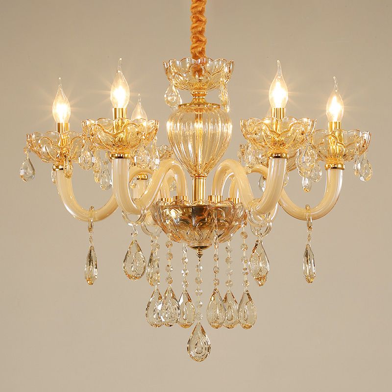 6-Light Candelabra Chandelier Lighting Contemporary Gold Finish Crystal Glass Pendulum Lamp