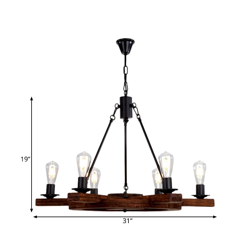 6 luci timesatore di lampadario di lampadario Country Brawn Legno Apparecchiatura a soffitto con design a bulbo nudo per camera da letto
