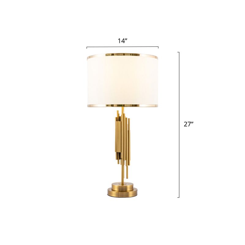 Fabric Drum Nightstand Lamp Simplicity 1��Bulb Living Room Table Lighting in Brass