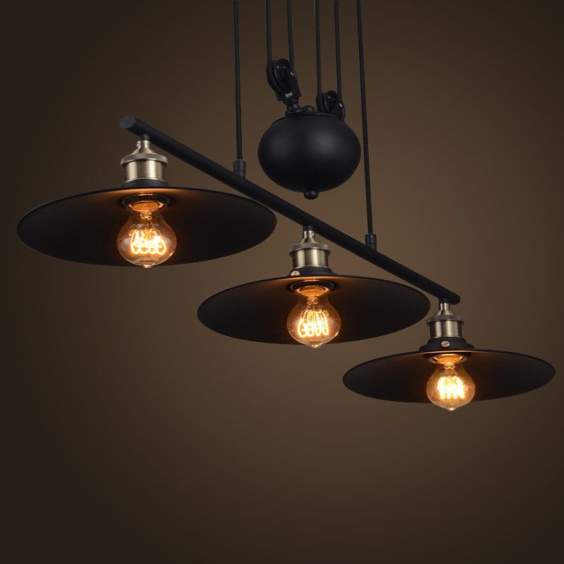 3 Lights Pulley Pendant Industrial Metal Black Hanging Island Light with Flared Shade