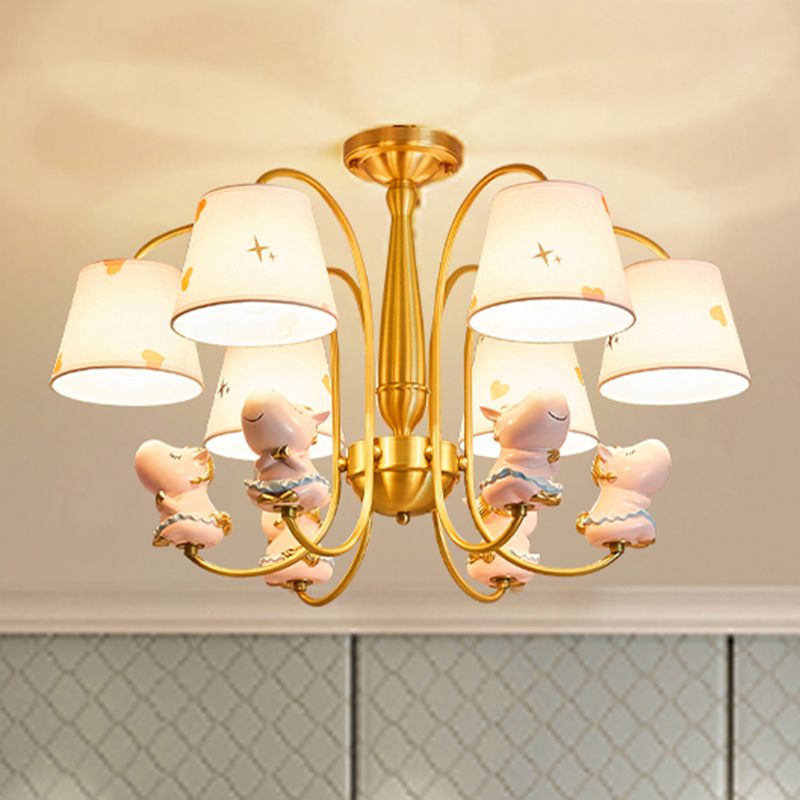 Animal Nursery Ceiling Lighting Resin Childrens Chandelier Light Fixture with Tapered Fabric Shade in Gold