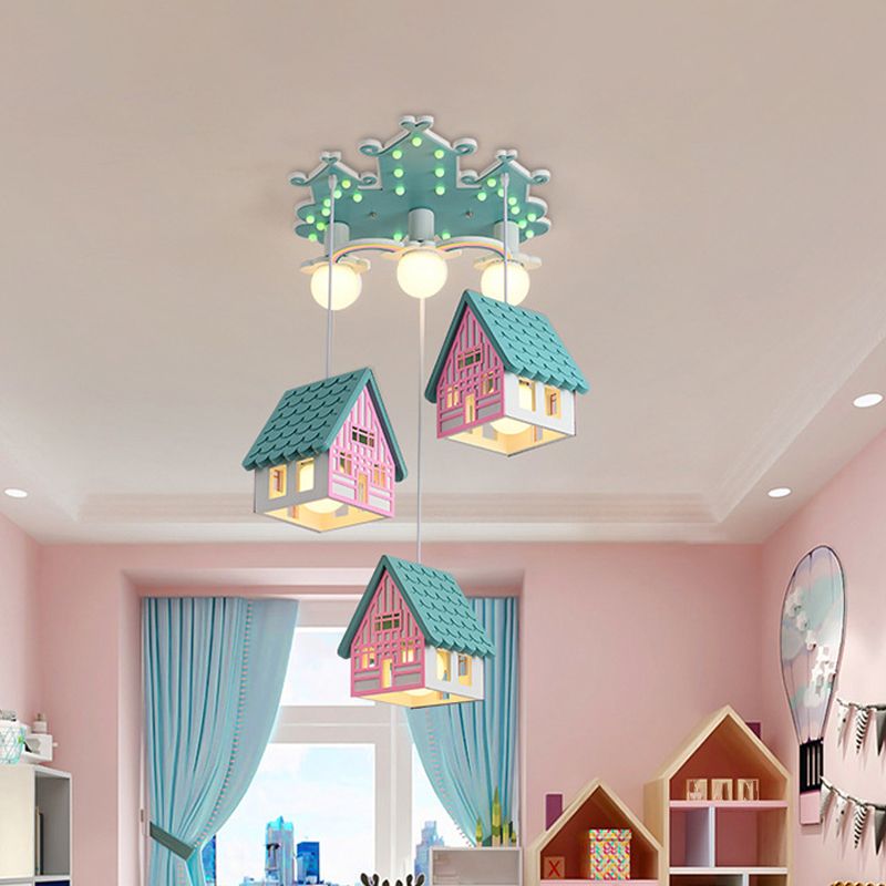 House Shaped Nursery Ceiling Lamp Wood 6 Bulbs Creative Chandelier Pendant Lighting
