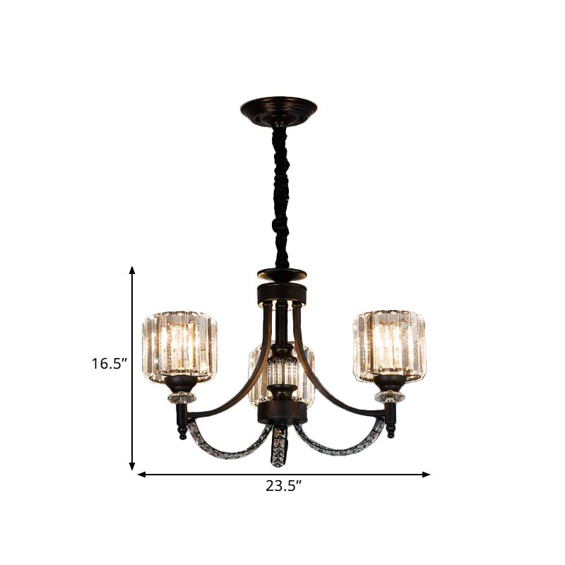 3/6 bollen Suspensie Licht Traditionele cilindrische schaduw Duidelijk kristal plafond kroonluchter met zwarte arm