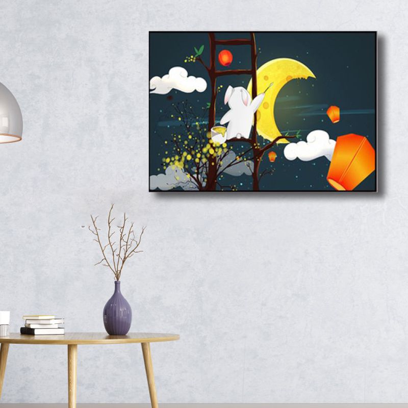 Toile de scène de ciel nocturne et de lune, décoration murale texturée de dessin animé de couleur foncée pour la maison
