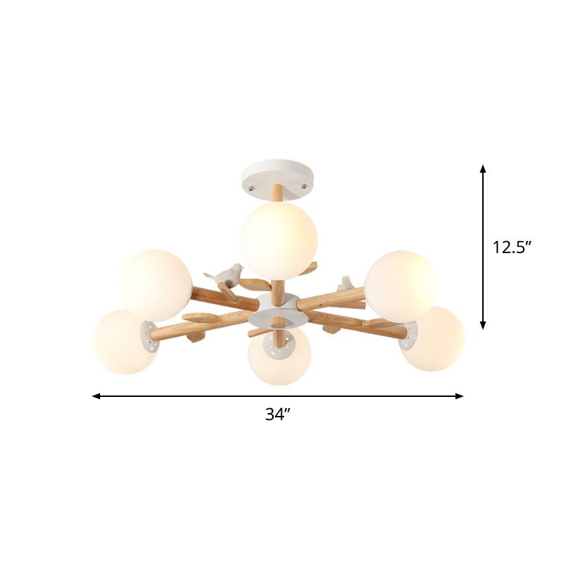Radial Ceiling Mount Chandelier Nordic Wood 3/6-Bulb Bedroom Semi Mount Lighting with White Glass Shade and Bird Decor