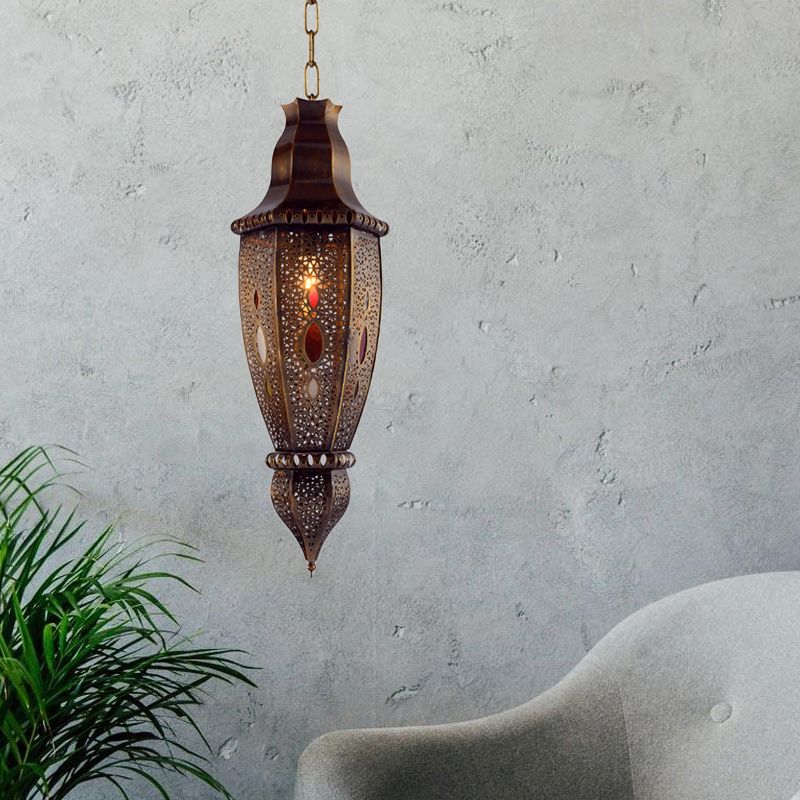 Rust 1-Bulb Pendant Light Arabian Metal Urn-Shaped Suspension Lamp with Hollow Design