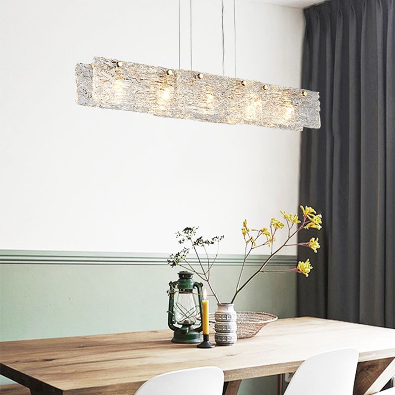 Rectangular Dining Room Hanging Lamp Rippled Glass 5-Light Minimalist Island Light