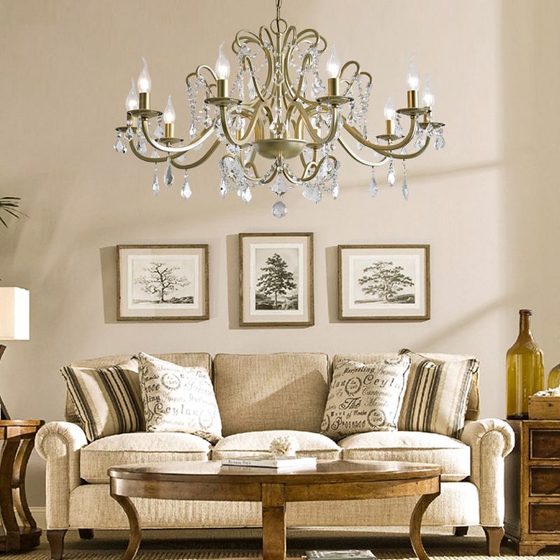 K9 Crystal Drops Candlestick Chandelier Lights Vintage Rustic Style Lighting Pendant for Living Room