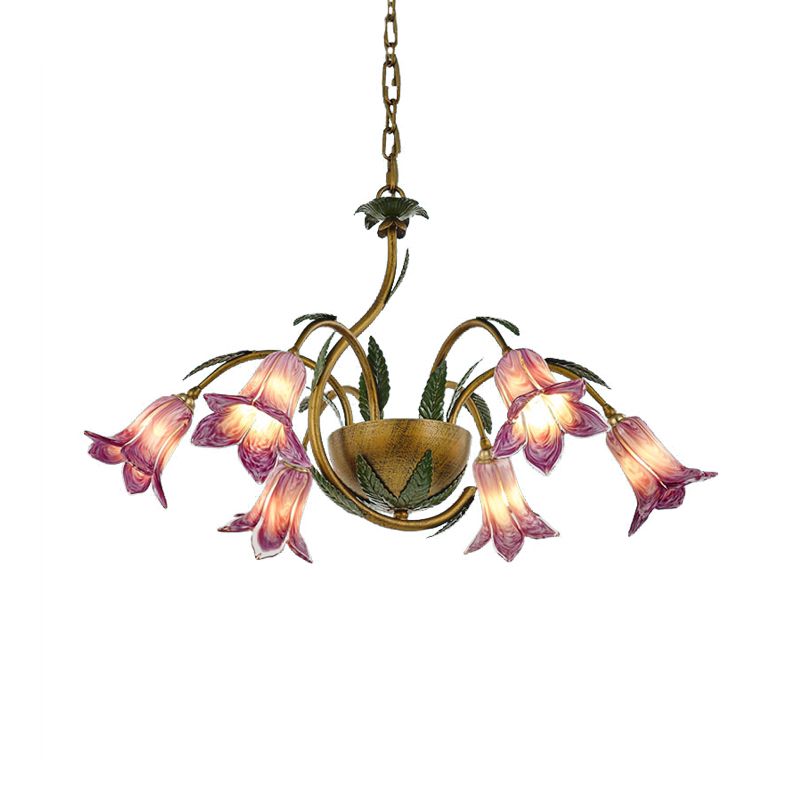 Brass 6 Heads Chandelier Lighting Vintage White/Purple Glass Bloom Pendant Ceiling Light for Bedroom