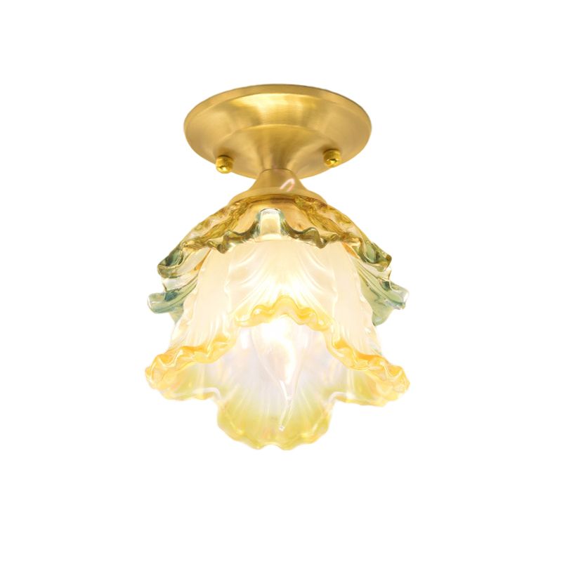 1-Head Flower Ceiling Lamp Retro Style Gold Ruffle Glass Semi Flush Mount Lighting for Hallway